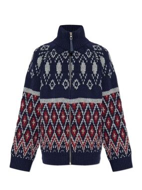 LOEWE Fair Isle Nordic Full Zip Wool Sweater Jacket Navy Red